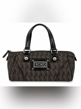 XOXO Monogram Barrel Satchel Shoulder Bag Black & Gray Y2K Patent Trim Purse